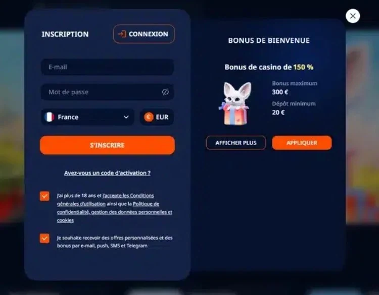 Formulaire d'inscription NIKA Casino avec bonus de bienvenue